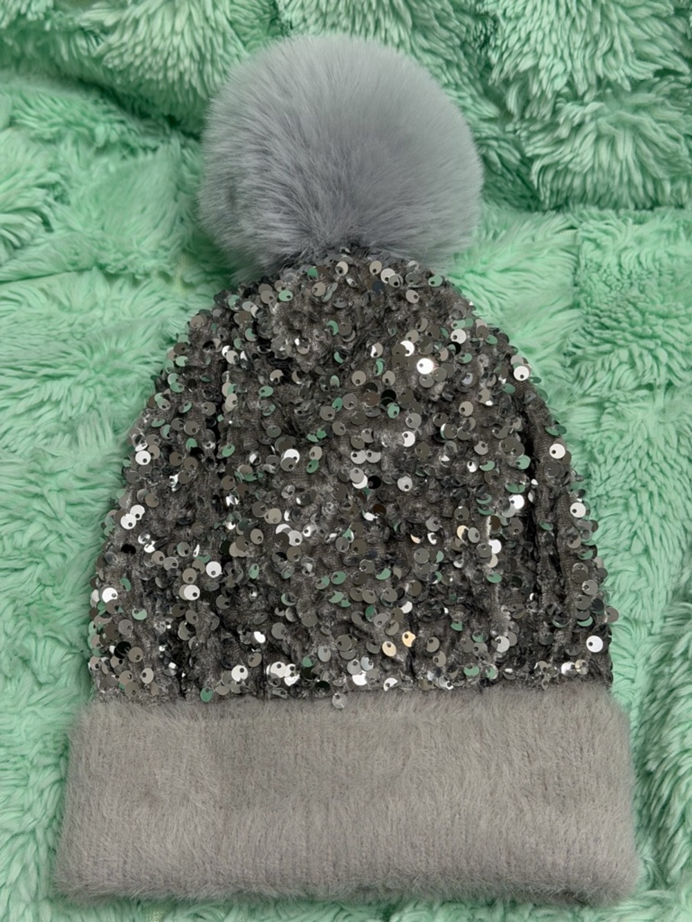 Gray Sequin Pom Beanie